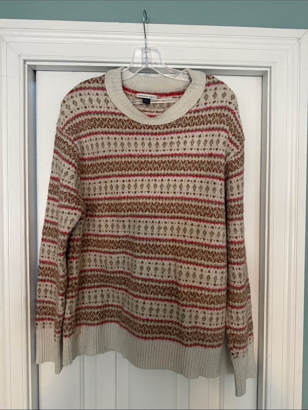American Eagle Outfitters Cream, Brown & Red Patterned Crewneck Sweater